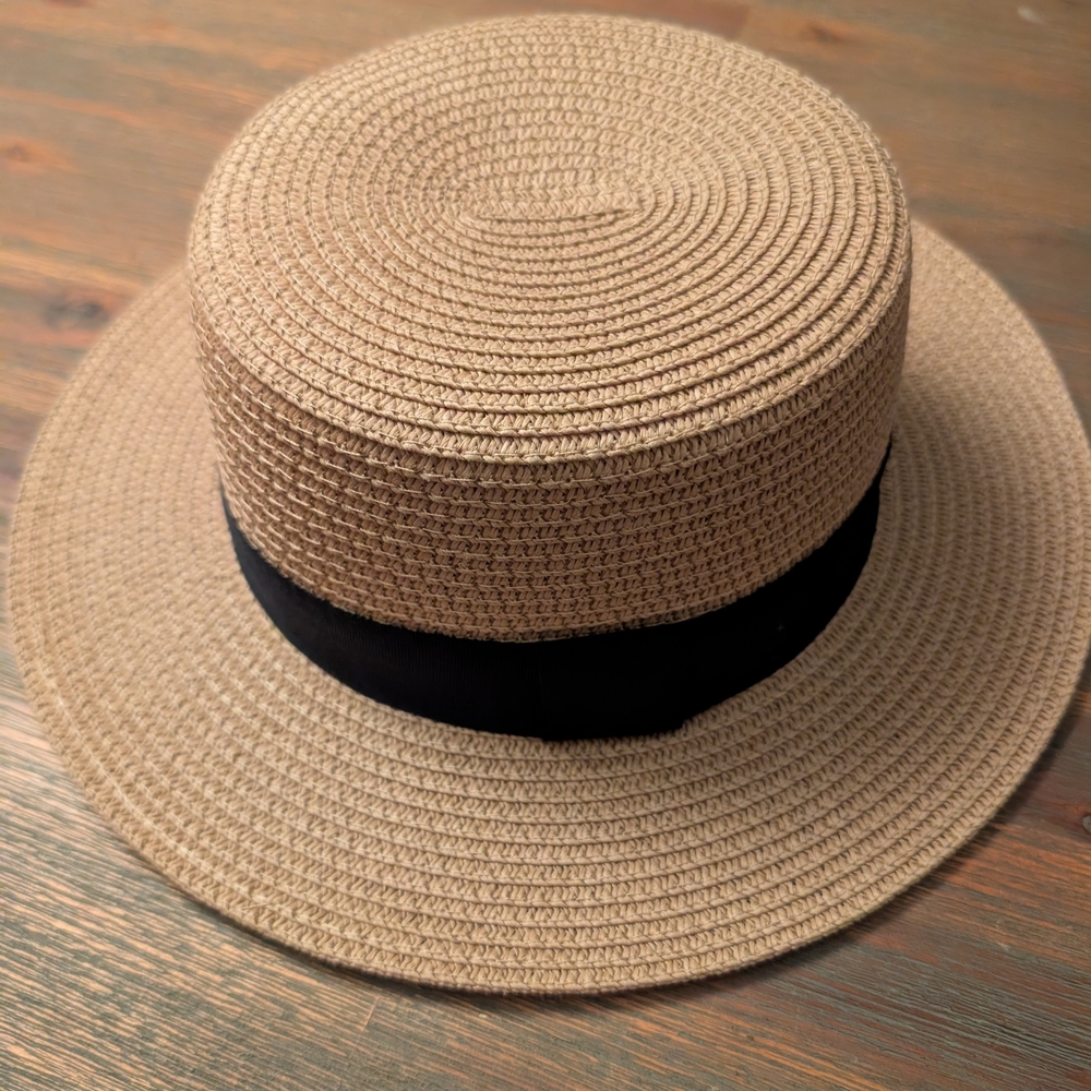 Chic Tan Straw Hat with Black Ribbon